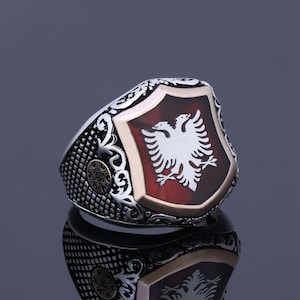 Mens Albanian Eagle Ring, Double Head Eagle Shield Ring, Illyrian Shield Engraved Signet Ring, Red Pearl and Silver Handmade CUSTOMIZED ITEM