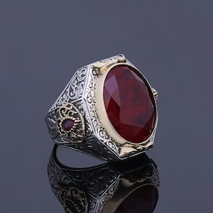 Anillo de piedra preciosa de rubí para hombre, anillo de aniversario de rubí natural rojo, joyería de compromiso de plata medieval, regalo fresco hecho a mano vintage con piedra de nacimiento de julio
