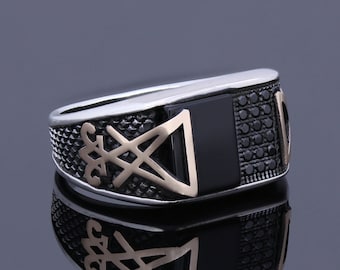 Sigil Of Lucifer Wedding Band Black Onyx Gemstone Man Jewelry Satanist Silver Engraved Devil Seal of Satan Ring Baphomet Infinity Cool Gift