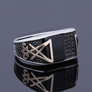 Sigil Of Lucifer Wedding Band Black Onyx Gemstone Man Jewelry Satanist Silver Engraved Devil Seal of Satan Ring Baphomet Infinity Cool Gift