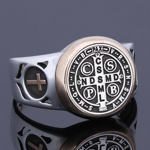 Saint Benedict Medal Ring Men Religious Cross Ring Christian Etsy
