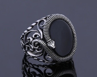 Mens Mythological Ouroboros Ring Silver Snake Signet Serpent Ring