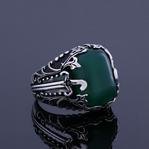 Aqeeq Mens Ring Green Agate Gemstone Anniversary Ring, Cool Unique Sword Signet Ring Carved Viking Warrior Jewelry Vintage Handmade Gift Him