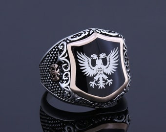 Mens Scottish Rite Ring, Albanian Double Head Eagle Shield Ring,  Personalized Emblem Ring,  Mason Signet Personalized Jewelry Lodge Gift