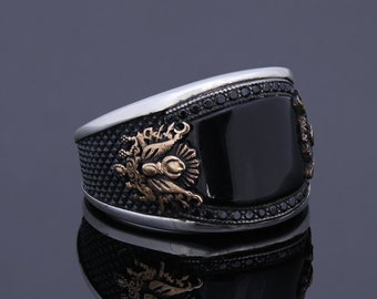 Men’s Black Gemstone Cocktail Ring, Custom Signet  Sterling Silver Onyx Stone Band, Ottoman Vintage Style Stone Promise Ring, Curved Wedding