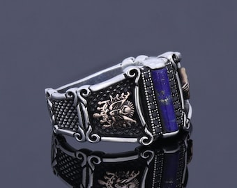 Herren Lapis Lazuli Echtstein Ring Benutzerdefinierte Symbol Statement Band Silber Vintage Krieger Imperial Siegelring Edelstein Schmuck für Ehemann