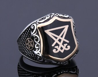 Unique Mens Sigil Of Lucifer Ring, Satanic Silver Jewelry with Pentagram Star, Pentacle Devil Seal of Satan Ring CUSTOMIZATION AVAILABLE