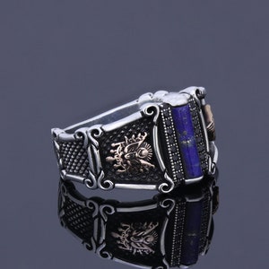 Men's Lapis Lazuli Genuine Stone Ring Custom Symbol Statement Band Silver Vintage Warrior Imperial Signet Ring Gemstone Jewelry For Husband
