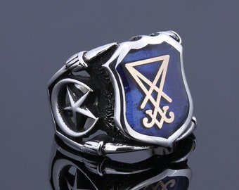 Blue Pearl Sigil Of Lucifer Ring, Satanic Silver Jewelry with Pentagram Star, Pentacle Devil Seal of Satan Baphomet Ring CUSTOM MADE RING