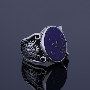 Men&#39;s Lapis Lazuli Ring, Blue Gemstone Silver Fantasy Engagement Ring, Vintage Ottoman Heraldic Wedding Band, Renaissance Jewellery Gift