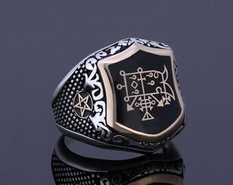 Sigil Of Camio Ring, Magic Satanic Silver Jewelry with Pentagram Star, King Solomon Ring Pentacle Devil Seal of Satan Demon Baphomet Ring