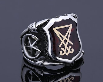 Red Pearl Sigil Of Lucifer Ring, Satanic Silver Jewelry with Pentagram Star, Pentacle Devil Seal of Satan Baphomet Ring CUSTOM MADE RING
