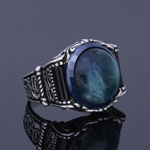 Tiger Eye Silver Mens Gemstone Ring, Natural Blue Cabochon Stone Vintage Engraved Handmade Anniversary Jewelry, 925 Silver Engagement Ring