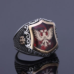 Scottish Rite Ring, Double Head Eagle Shield Personalized Emblem Ring, Custom Masonic Personalized Jewelry, Mens Knights Silver Templar Ring