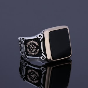 Mens Onyx Stone Chi Rho Ring Christogram Protection Ring Christianity Mid Century Gift  Christian Jewelry For Men Customized Signet Ring