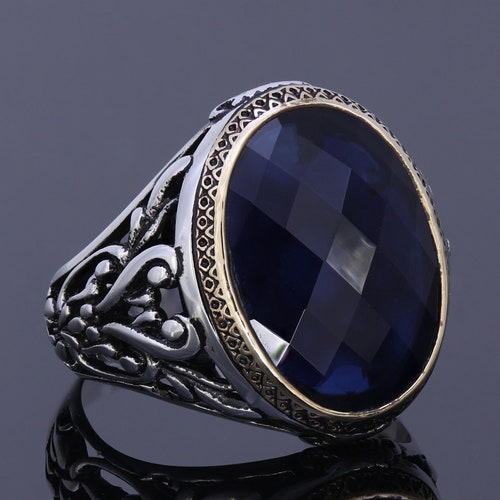 Mens Lab Sapphire Silver Stone Engagement Ring Egyptian Ring - Etsy