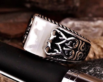 Unique Gemstone Handmade Rings Mother of Pearl Mens For Men Ring White Stone New