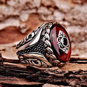 Men's Ruby Statement Ring, Red Gemstone Anniversary Ring, Custom Silver Ruby Engagement Ring, Alternative Byzantine Protection Fantasy Gift