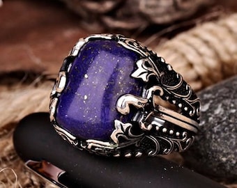 Einzigartiger Herren Lapis Lazuli Ring, Silber Blauer Stein Gravur Schwert Verlobungsring, Vintage Osmanisches Schwert Schmuck, Traditionelle Wikinger Band