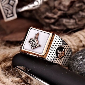 Men&#39;s Opal Sterling Silver Magic Statement Ring, White Gemstone Goth Manly Large Wedding Band, Phenomenal Ottoman Empire Tughra Jewelry Gift