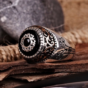 Men’s Onyx Anniversary Ring, Authentic Sterling Silver Black Onyx Gemstone Goth Band, Bohemian Turkish Empire Jewelry, Can GOLD CUSTOM MADE