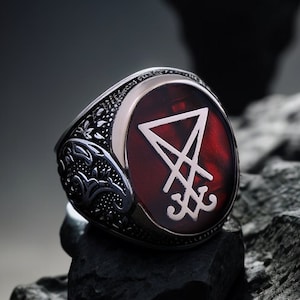 Unique Mens Sigil Of Lucifer Ring, Occult Baphomet Jewelry, Satanic Silver Engraved Devil Seal of Satan Ring, Gothic Morningstar Ring Custom