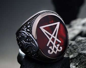 Unique Mens Sigil Of Lucifer Ring, Occult Baphomet Jewelry, Satanic Silver Engraved Devil Seal of Satan Ring, Gothic Morningstar Ring Custom