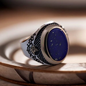 Men’s Lapis Sterling Silver Engagement Ring, Awesome Blue Stone Marriage Infinity Band, Wide Design Turkish Empire Magic Jewelry Gift Him