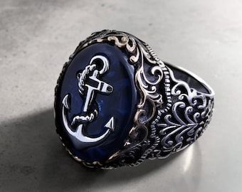 Men’s Sterling Silver Navy Engagement Ring, Maritime Anchor Signet Marriage Infinity Band,  Sailor Design Jewelry, Blue Stone Mariner Ring