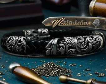 Mens Silver Bracelet, Unique Anniversary Gift For Men Vintage Leather Bracelet, Best Gift For Husband, Daily Use Bracelet, Boyfriend Gift