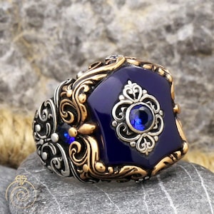 Men Sapphire Ring, Quartz Stone Art Nouveau Men Ring, Anniversary Shield Design Silver Promise Ring Carved Edwardian Heraldic Signet Jewelry