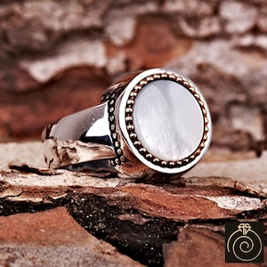 Mother Of Pearl Mens Eternity Ring, Authentic Sterling Silver White Mother Of Pearl Wedding Band, Occult Viking Jewelry, Mystic Fantasy Gift