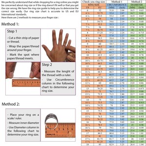 K&ouml;nnte beinhalten: Eine Tabelle mit zwei Methoden zur Messung der Ringgr&ouml;&szlig;e. Die erste Methode verwendet einen Papierstreifen oder Faden, um den Fingerumfang zu messen. Die zweite Methode verwendet ein Lineal, um den Innendurchmesser eines Rings zu messen. Die Tabelle enth&auml;lt US- und EU-Ringgr&ouml;&szlig;en, den Umfang in Millimetern und Zoll sowie den Durchmesser in Millimetern und Zoll.