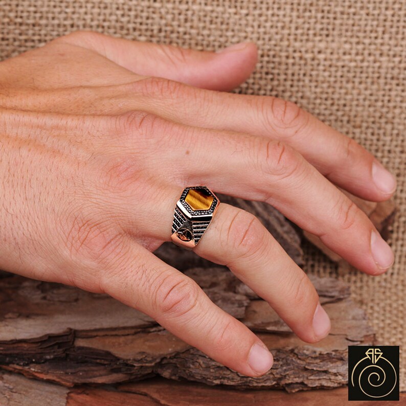 Mens Tiger Eye Ring Gemstone Authentic Silver Rings for Man Etsy