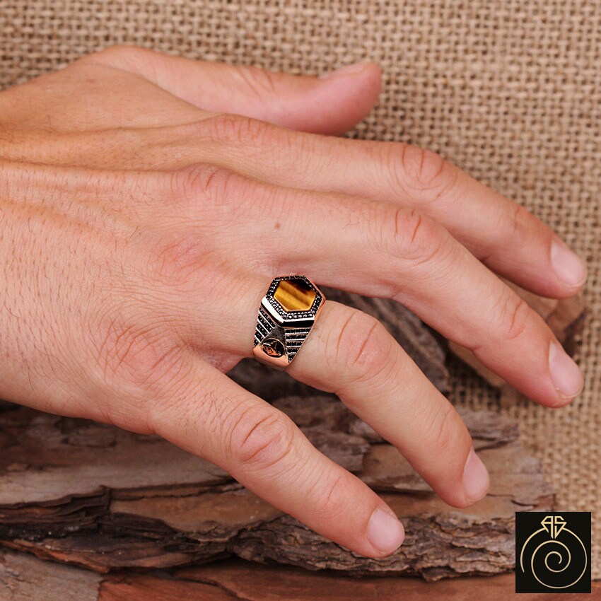 Mens Tiger Eye Ring Gemstone Authentic Silver Rings for Man Etsy
