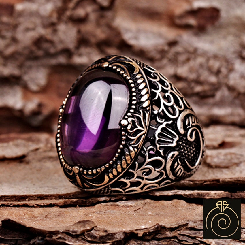 Purple Amethyst Japanese Tiger Dragon Mens Ring