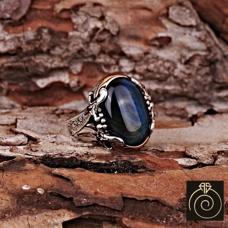 Mens Tigers Eye Anniversary Ring Unique Sterling Silver Blue Etsy