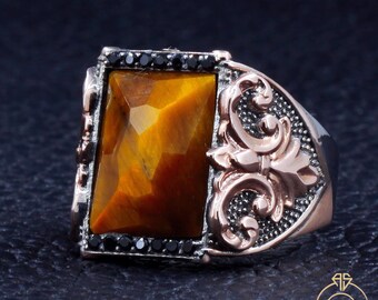 Mens Fleur De Lis Ring, Natural Rectangle Tiger Eye Stone Exclusive Ring For Men, Handmade French Symbol Jewelry, Lily Signet Heraldic Gift
