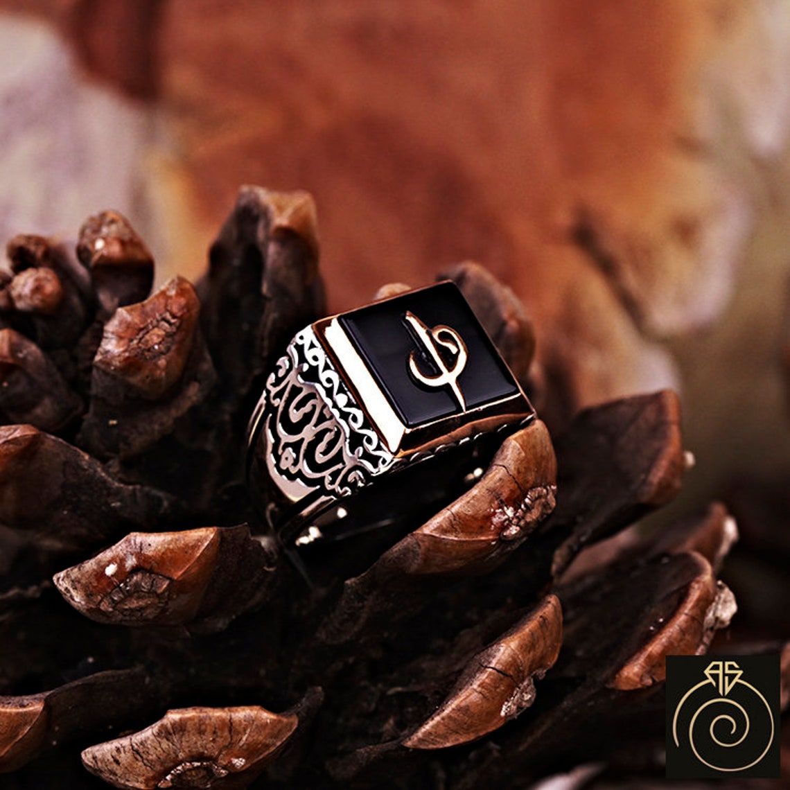 Islamic Mens Rings Gemstone Black Stone Silver Muslim Waw Ring Etsy