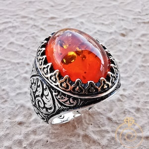 Mens Occult Ring Amber Gemstone, Baltic Amber Ring Vintage, Unique Engraved Statement Silver Handmade Rings For Men, Cabochon Stone Jewelry
