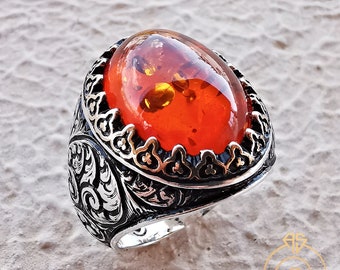 Mens Occult Ring Amber Gemstone, Baltic Amber Ring Vintage, Unique Engraved Statement Silver Handmade Rings For Men, Cabochon Stone Jewelry