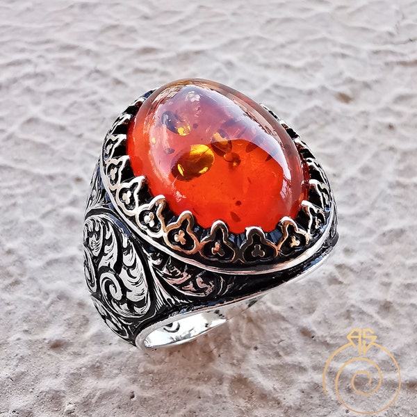 Mens Occult Ring Amber Gemstone, Baltic Amber Ring Vintage, Unique Engraved Statement Silver Handmade Rings For Men, Cabochon Stone Jewelry