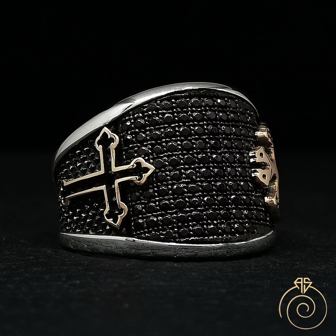 Mens Christian Ring, Christianity Custom Cross Alpha Omega Jewelry