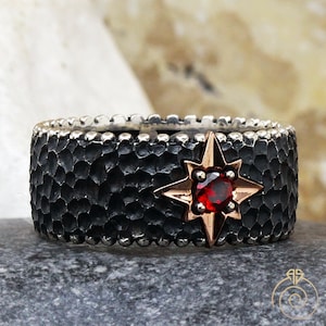 Red Stone Mens Wedding Ring, Vintage Promise Silver Ethernity Band, Infinity Ruby Jewelry Anniversary Gift For Him 925 Handmade Cracked Ring