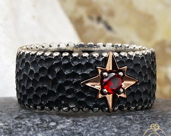 Vigselring med röd sten för män, vintage löfte i silver, eternitetsring, oändlig rubin smycke, jubileumspresent till honom 925 handgjord sprucken ring