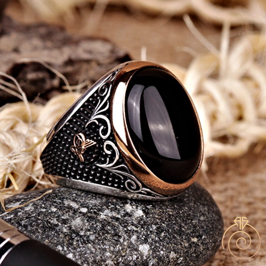 thumbnail image 2 of Men's Sterling Silver Black Onyx Masonic Ring – CZ Stones, Textured Sides – Handmade 2 of 5