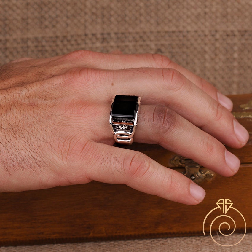 Unique Mens Rings Onyx Gemstone Engagement Band for Men Black Stone Man ...