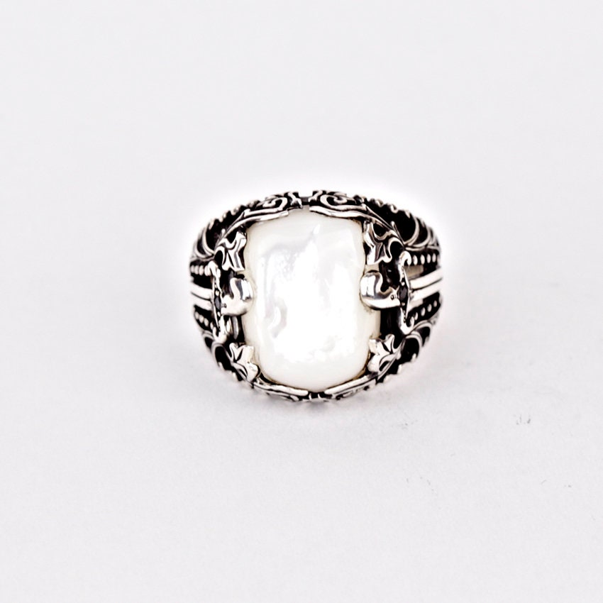 Men's Pearl Ring Silver White MOP Gemstone Statement Etsy