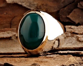 Unique Curved Men’s Aqeeq Gemstone Occult Ring, Custom Silver Green Agate Wedding Band, Phenomenal Simple Gem Rings For Men Jewelry Vintage