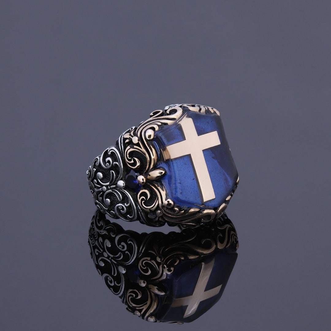 Mens Christian Ring Christianity Cross Blue Pearl Stone Jewelry Jesus